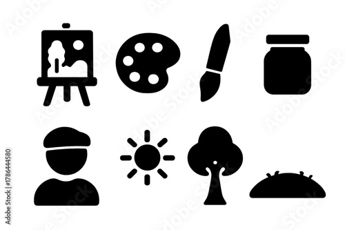Outdoor Painting Icons. Painting on an outdoor easel. Filled icon set of painting on an outdoor easel: easel