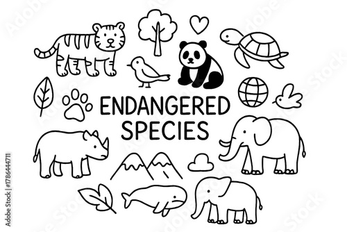 Endangered Doodle Art. Endangered Species. Hand-drawn doodle illustration of Endangered Species. tiger, panda,