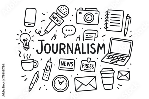 Journalism Doodle Icons. Journalism. Hand-drawn doodle illustration of Journalism. microphone, camera, notepad