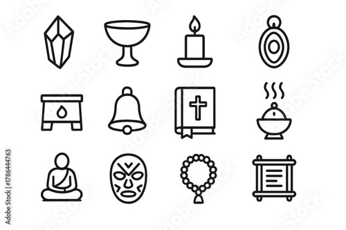 Spiritual Relics Icons. Spiritual relics. Line outline icon set of spiritual relics: crystal, chalice, candle,