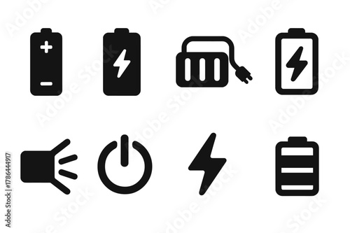 Black Battery Icons. Power and batteries. Filled icon set of power and batteries: AA battery, rechargeable