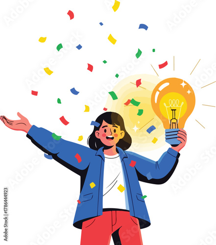 Excited Businesswoman Celebrating Great Idea with Glowing Lightbulb and Confetti