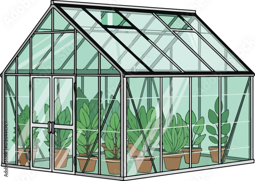 Vector Illustration of a Classic Glass Greenhouse Structure with Potted Plants Inside