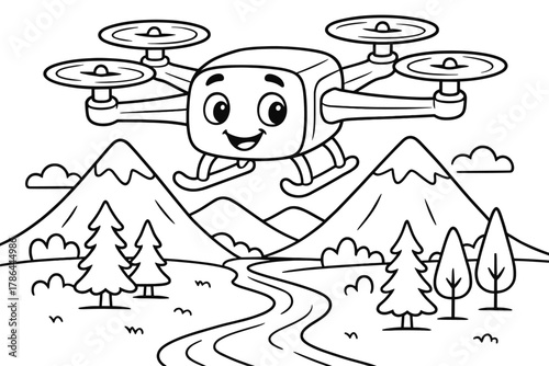 Cartoon Drone Adventure. Drone flying children?s coloring book illustration, outlined drawing, friendly