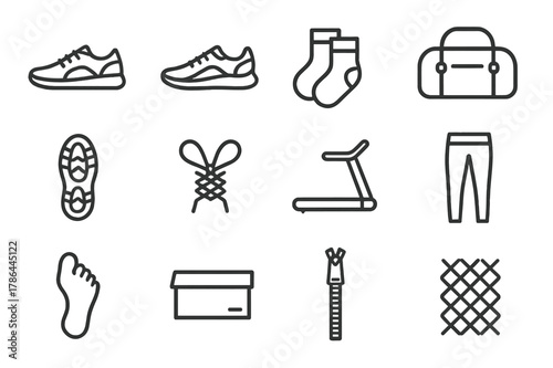 Athleisure Icon Set. Athleisure shoes. Line outline icon set of athleisure shoes: sneakers, sport shoes, socks