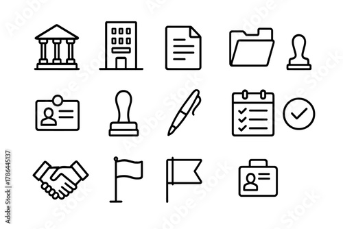 Public Administration Icons. Public administration. Line outline icon set of public administration: courthouse