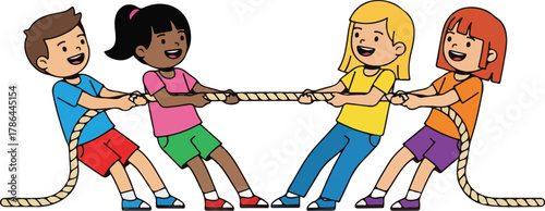 Diverse Group of Happy Children Playing Tug of War Competition Illustration