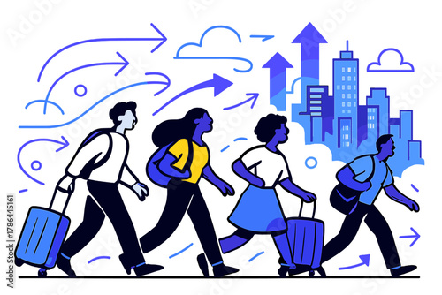 Urban Migration Flow. Urban migration. Diverse individuals carrying luggage and backpacks moving toward city