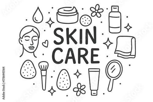 Skin Care Doodle. Skin Care. Hand-drawn doodle illustration of Skin Care. face outline, droplet, cream jar,