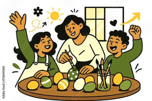 Easter Morning Serenity. Easter morning joy. Sunlight through the window, a table full of freshly painted eggs