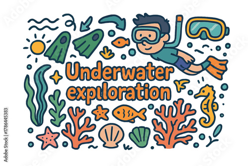 Colorful Underwater Adventure. Underwater exploration. Hand-drawn doodle illustration of underwater