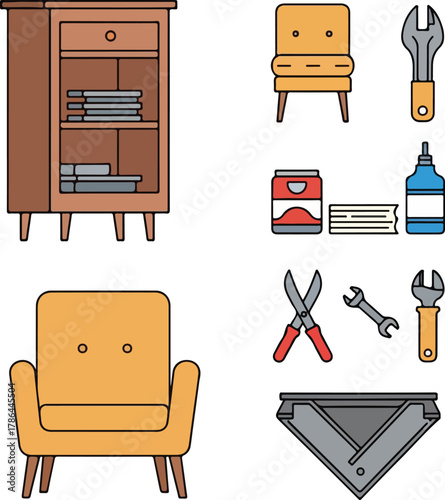 Furniture Repair and Restoration Icons Set Cabinet Armchairs Tools and Supplies Vector Illustration