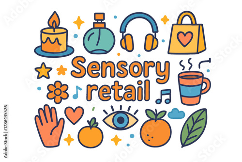 Sensory Retail Illustration. Sensory retail. Hand-drawn doodle illustration of sensory retail. Candle, perfume