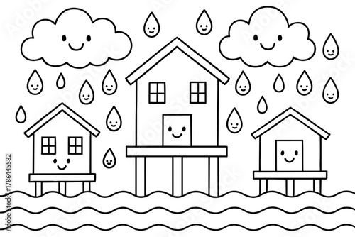 Flood-Resistant Coloring Fun. Flood-resistant buildings children?s coloring book illustration, outlined