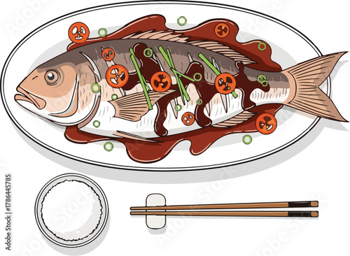 Steamed Whole Fish with Soy Sauce and Vegetables Traditional Asian Seafood Dish Illustration