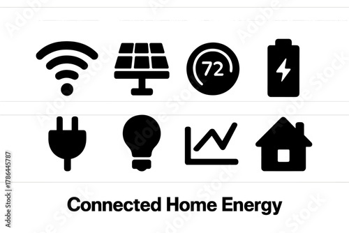 Connected Home Energy Icons. Connected Home Energy. Filled icon set of Connected Home Energy: Wi-Fi symbol,
