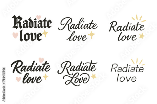 Radiate Love Calligraphy. Radiate love. Create a calligraphy lettering illustration of the phrase: Radiate