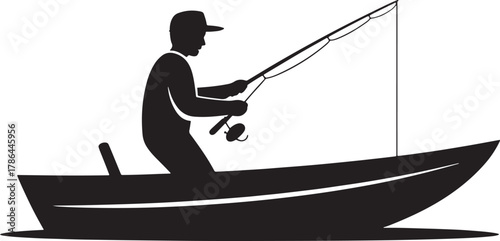 Fisherman in boat with fishing rod black silhouette vector graphic