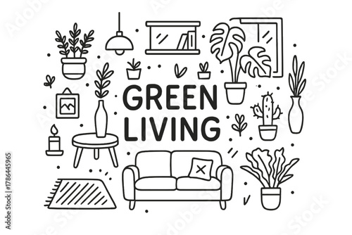 Green Living Doodle. Green Living. Hand-drawn doodle illustration of Green Living. plant pot, monstera, cactus