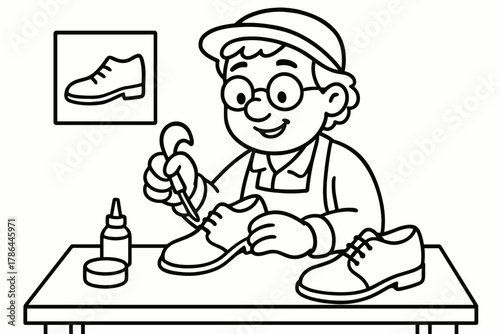 Cobbler Coloring Fun. Shoe maker children?s coloring book illustration, outlined drawing, friendly cobbler