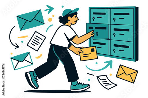 Dynamic Mail Workflow. Daily mail routine. Person checking multiple PO box doors; floating envelopes, letters,