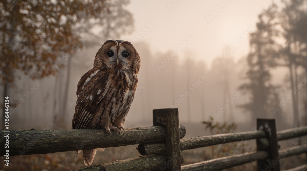 Obraz premium Tawny owl sitting on wooden fence in foggy autumn forest
