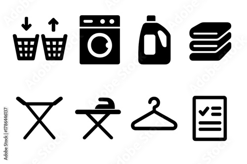 Laundry Icons Set. Laundry workflow. Filled icon set of laundry workflow: sorting baskets, washing machine,