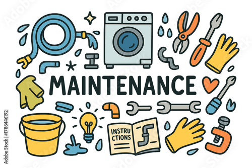 DIY Maintenance Doodle. DIY maintenance. Hand-drawn doodle illustration of DIY maintenance. Hose, washing