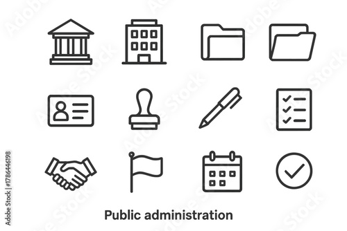 Public Administration Icons. Public administration. Line outline icon set of public administration: courthouse