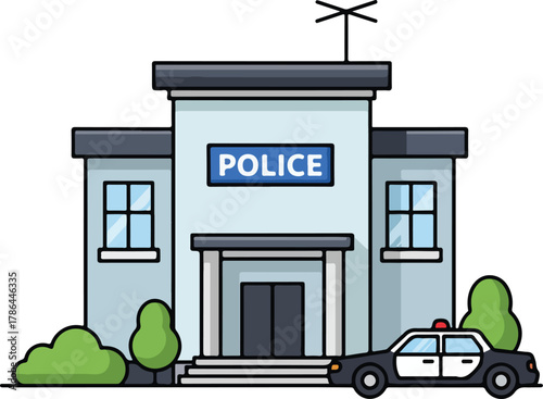 Cartoon Vector Illustration of a Modern Police Station Building with Patrol Car