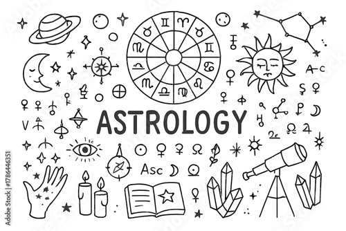 Astrology Doodle Illustration. Astrology. Hand-drawn doodle illustration of astrology. zodiac wheel, moon,