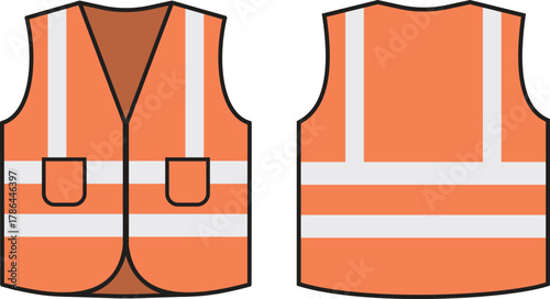 Orange safety vest with reflective strips vector illustration icon set. High visibility personal protective equipment for construction worker and road safety concept. Safety vest silhouette icons.