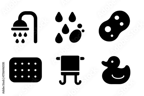 Shower Icon Grid. Shower time. Filled icon set of shower time: showerhead, water droplets, soap, sponge, bath