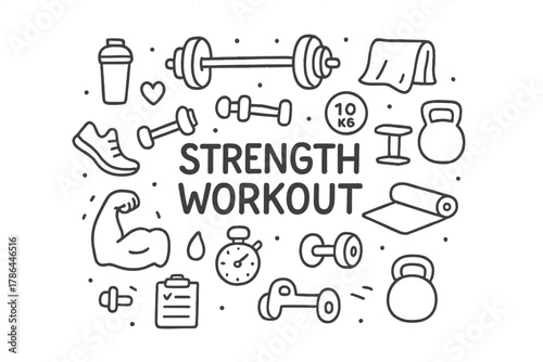 Strength Workout Elements. Strength Workout. Hand-drawn doodle illustration of Strength Workout. barbell,