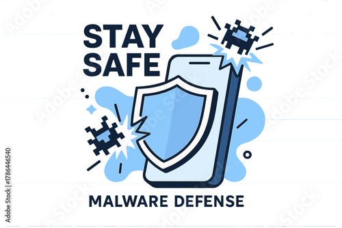 Digital Shield Protection. Malware Defense. Abstract phone protected by a digital shield; pixelated bugs