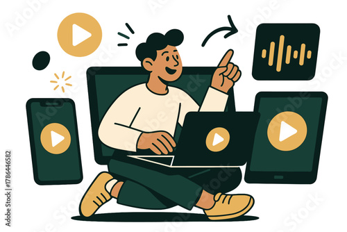 Digital Entertainment Scene. Streaming services. Person watching movies and music platforms on multiple