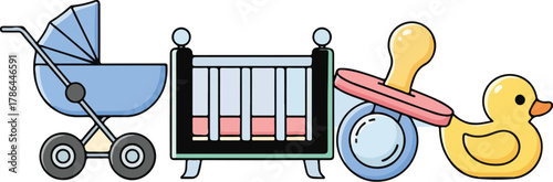 Cute Cartoon Baby Essentials Icon Set Stroller Crib Pacifier and Rubber Duck