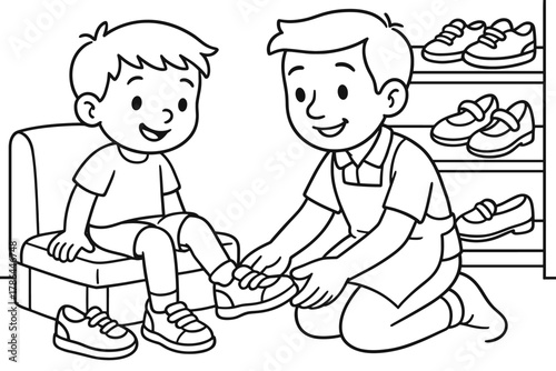Children's Shoe Fitting. Shoe fitting children?s coloring book illustration, outlined drawing, child trying on