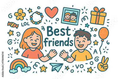 Best Friends Doodle. Best friends. Hand-drawn doodle illustration of Best friends. Two smiling kids, heart,