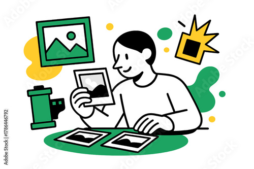 Analog Nostalgia Reverie. Timeless moments. A person reviewing developed black-and-white photos, abstract