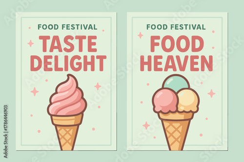 Food Festival Banners. Food Festival. Two vertical A6 banners with safe margins, centered composition, no elements touching edges, cartoon, pastel mint and