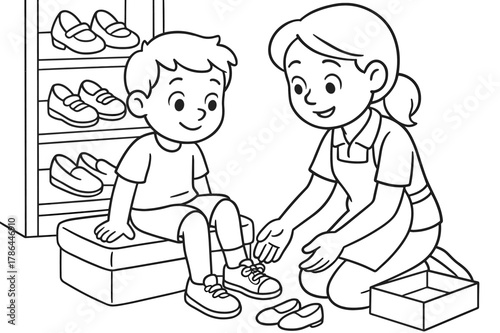 Shoe-Fitting Coloring Page. Shoe fitting children?s coloring book illustration, outlined drawing, child trying
