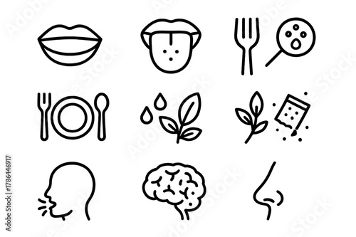 Culinary Experience Icons. Eating experience. Line outline icon set of eating experience: mouth, tongue, taste