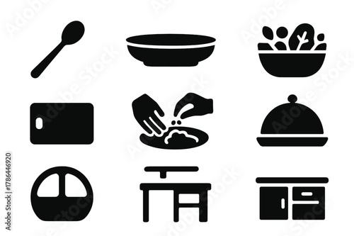 Meal Prep Icons. Meal prep and serving. Filled icon set of meal prep and serving: serving spoon, large dish,