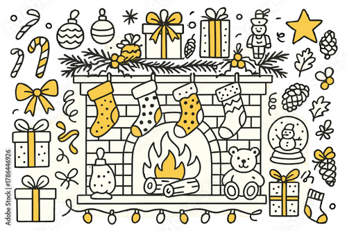 Festive Christmas Fireplace. Festive fireplace. Hand-drawn doodle illustration Christmas stockings (colored), fireplace (colored), mantel (colored), candy