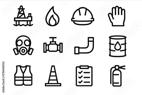 Oil and Gas Safety Icons. Oil and gas safety. Line outline icon set of oil and gas safety: oil rig, flame,