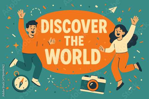 Explore the World. Discover the world banner, flat vector illustration, bold oversized text inside rounded blob, cartoon characters jumping and waving, compass