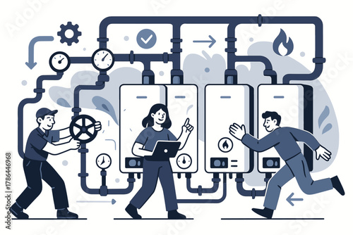 Modern Boiler Room. Boiler room overview. Clean technical scene showing multiple boilers connected to central