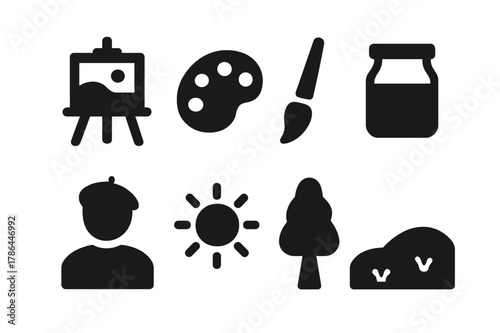 Outdoor Painting Icons. Painting on an outdoor easel. Filled icon set of painting on an outdoor easel: easel