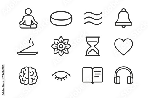 Mindfulness Icon Set. Meditation and mindfulness. Line icon set of meditation and mindfulness: lotus pose, cushion, breathing waves, mindfulness bell, incense